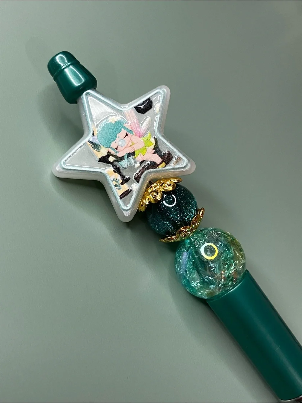 Bubble Fairy Star Handmade Green Beaded Pen
